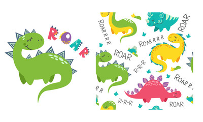 Seamless vector pattern and print for children's products. Bright cute dinosaurs and Roar lettering. 