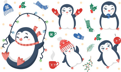 New Year's vector set. Cute penguins with herringbones, mittens, hat, with toys. 