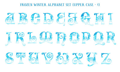 Frozen winter watercolor alphabet set, includes letters (uppercase and lowercase), numbers, and symbols. 