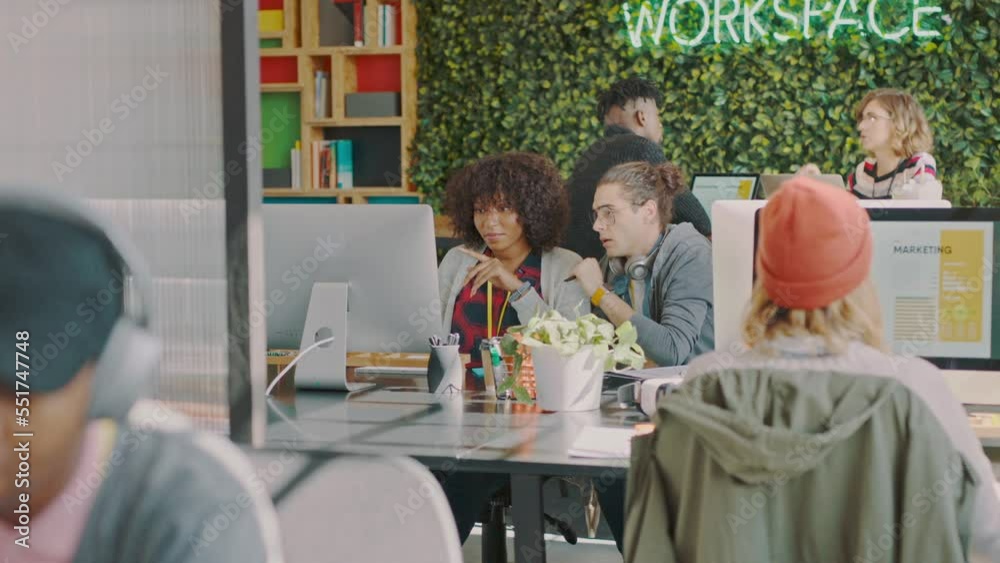 Poster Colleague, creative office and web designer team working together on homepage in a design agency. Workspace, workplace and ux or ui software creativity with startup staff designing project