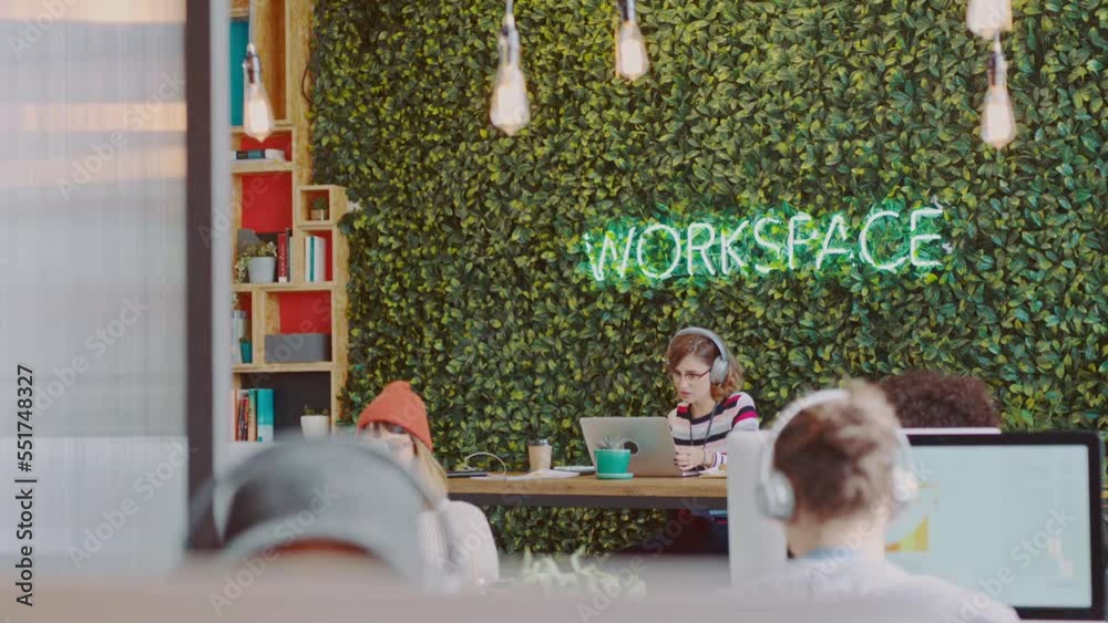 Poster creative office, workspace and busy staff working on tech in a web design agency on database. web ho