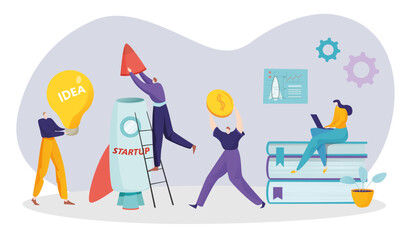 Design engineer startup rocket business creative light bulb idea, colleague together project deal flat vector illustration, isolated on white.