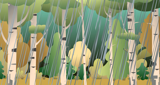 Landscape with rain weather. Autumn rain in forest. Green pines and orange foliage of birches. Jets of water pour from the sky. Cartoon fun style. Flat design. Vector.