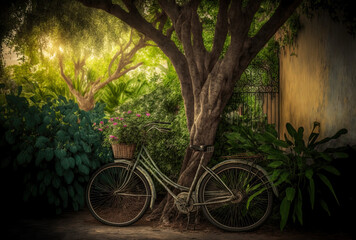 Fototapeta na wymiar bicycle parked close to a tree in the lush garden. Generative AI