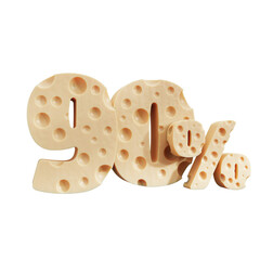 ninety percent typography, 90 Sale off discount promotion made of realistic Cheese, 3D rendering.
