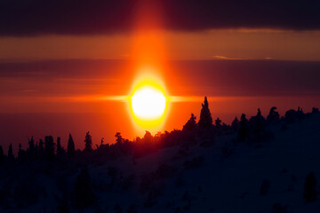 Winter sunset in Pallas Yllastunturi National Park, Lapland, Finland