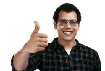 PNG shot of a handsome young man showing thumbs up while standing against a grey background