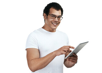 PNG shot of a man using a digital tablet while standing against a grey background