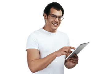 PNG shot of a man using a digital tablet while standing against a grey background