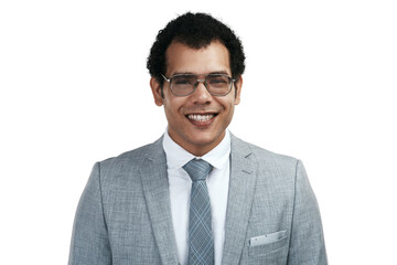 PNG studio shot of a businessman wearing glasses while standing against a grey background