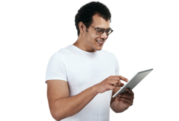 PNG shot of a man using a digital tablet while standing against a grey background