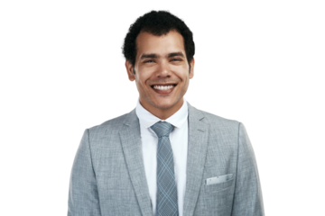 PNG studio shot of a confident businessman standing against a grey background
