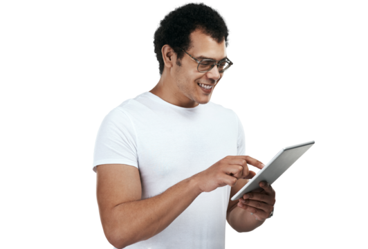PNG shot of a man using a digital tablet while standing against a grey background