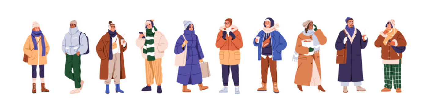People wear fashion winter clothes. Men, women in outfits for cold weather, coat, jacket, scarf, hat. Characters in modern warm apparel. Flat graphic vector illustration isolated on white background