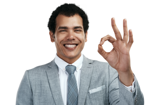 PNG studio shot of a businessman showing the ok sign while standing against a grey background