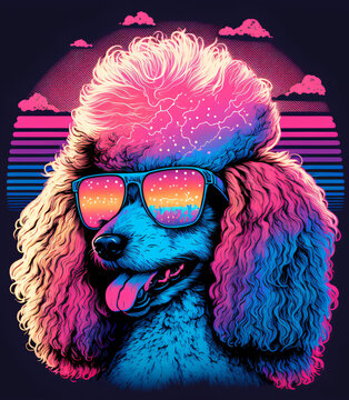 Portrait of a poodle in synthwave style