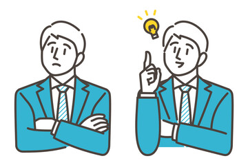 Businessman in distress, thinking, and having trouble, and businessman smiling after solving a problem [Vector illustration