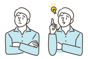 A young man who thinks and worries and a young man who solves problems and smiles [vector illustration material]