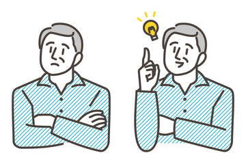 Elderly man thinking and having trouble, and elderly man smiling after solving a problem [Vector illustration].