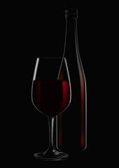 Bottle and glass of red wine. Vector illustration of a bottle and a glass of red wine on a dark background. Sketch for creativity.