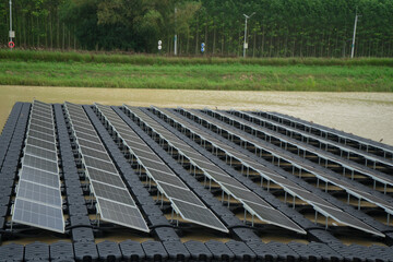Floating solar panels and cell platform on the water of solar cell power plant with solar cell...