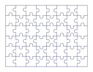 Puzzle grid. Outlined blank jigsaw background, 48 pieces, connected empty line parts. Contoured linear pattern, scheme design, template of mosaic game. Flat vector illustration isolated on white