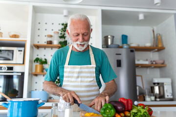 Happy retired senior man cooking in kitchen. Retirement, hobby people concept. Portrait of smiling senior man cutting vegetables