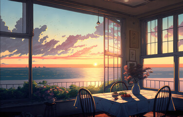 Dawn Views. Clear Sunny day, Sky with Movie Atmosphere and Wonderful Cloud, Beautiful Colorful Landscape, Anime Comic Style Art. For Poster, Novel, UI, WEB, Game, Design
