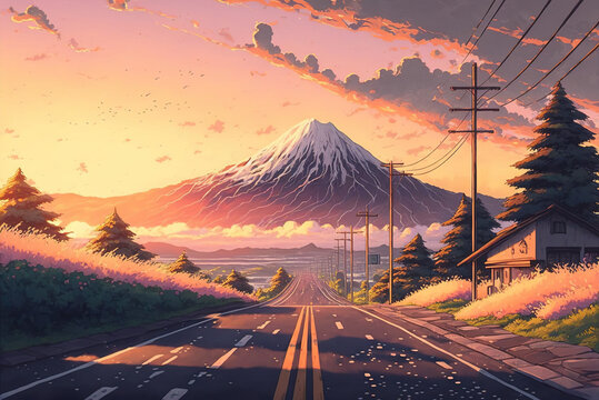 Dawn Road Views. Clear Sunny Day, Sky With Movie Atmosphere And Wonderful Cloud, Beautiful Colorful Landscape, Anime Comic Style Art. For Poster, Novel, UI, WEB, Game, Design