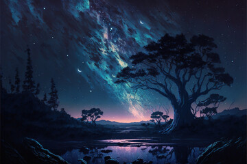 Fototapeta premium Clear Night with galaxy, Lake Reflection, Sky with Movie Atmosphere and Wonderful Cloud, Beautiful Colorful Landscape, Anime Comic Style Art. For Poster, Novel, UI, WEB, Game, Design
