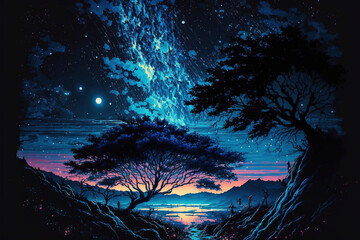 Fototapeta na wymiar Clear Night with galaxy, Sky with Movie Atmosphere and Wonderful Cloud, Beautiful Colorful Landscape, Anime Comic Style Art. For Poster, Novel, UI, WEB, Game, Design