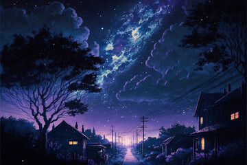 Clear Night with galaxy, Sky with Movie Atmosphere and Wonderful Cloud, Beautiful Colorful Landscape, Anime Comic Style Art. For Poster, Novel, UI, WEB, Game, Design