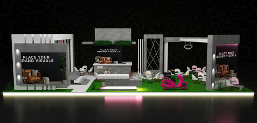 Tarde exhibition stand for mockup and Corporate identity,Display design. Empty booth.Retail booth elements in Exhibition hall. booth Design trade show. 3D Rendering