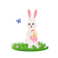 Bunny with a butterfly and an Easter card in its paws. Vector illustration