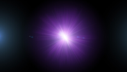purple light digital lens. Optical lens flare on black background.