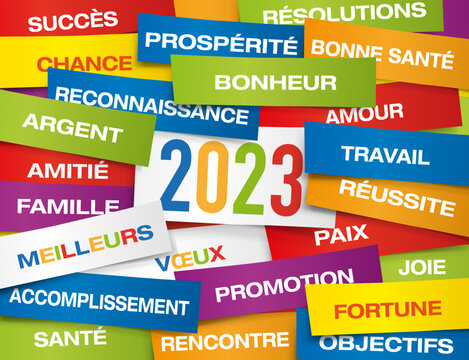 Carte de vœux 2023 montrant une multitude d’étiquettes de couleurs, présentant l’ensemble des vœux à souhaiter pour la nouvelle année.