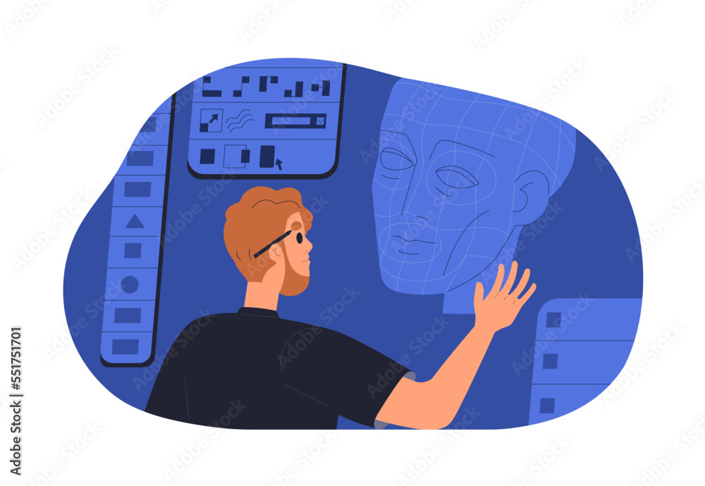 Fototapete 3d designer artist designing, developing, creating head model. Creative developer works with professional software for virtual object development. Flat vector illustration isolated on white background
