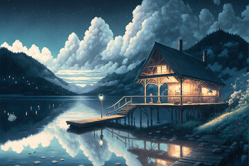 Clear Night with galaxy, Lake Reflection, Sky with Movie Atmosphere and Wonderful Cloud, Beautiful Colorful Landscape, Anime Comic Style Art. For Poster, Novel, UI, WEB, Game, Design