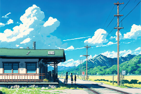 Train Station. Clear Sunny day, Sky with Movie Atmosphere and Wonderful Cloud, Beautiful Colorful Landscape, Anime Comic Style Art. For Poster, Novel, UI, WEB, Game, Design