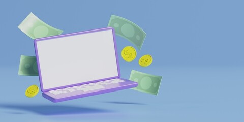 Notebook and money on pastel blue background. The concept of online earnings from the notebook