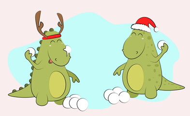 funny dinosaurs play snowballs with hat in new year day