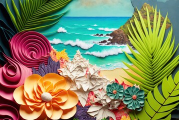 Fototapeta na wymiar Tropical island paper cutout collage - origami flowers and palm leaf arrangement on beach surrounded by ocean waves.
