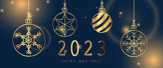 Luxury happy new year 2023 concept background vector. Elegant glowing golden hanging christmas bauble balls on dark blue bokeh background. Design illustration for wallpaper, card, cover, poster.