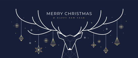Luxury christmas and happy new year concept background vector. Elegant geometric reindeer and gold hanging bauble ball line art on dark blue background. Design for wallpaper, card, cover, poster.