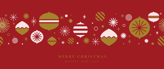 Merry christmas and happy new year concept background vector. Decorative bauble ball, sparkle, star horizontal seamless pattern on red background. Design for wallpaper, card, cover, poster, banner.