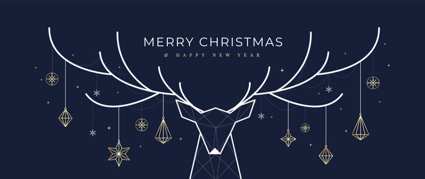 Luxury christmas and happy new year concept background vector. Elegant geometric reindeer and gold hanging bauble ball line art on dark blue background. Design for wallpaper, card, cover, poster.