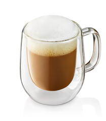 cappuccino with milk foam in cup isolated on white