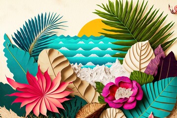 Tropical island paper cutout collage - origami flowers and palm leaf arrangement on beach surrounded by ocean waves.