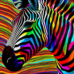 Fototapeta na wymiar Psychedelic artwork of a zebra head in multiple colors. Bright and vivid animal artwork. Abstract and trippy digital painting. 