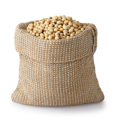 soybeans in burlap bag isolated on white background